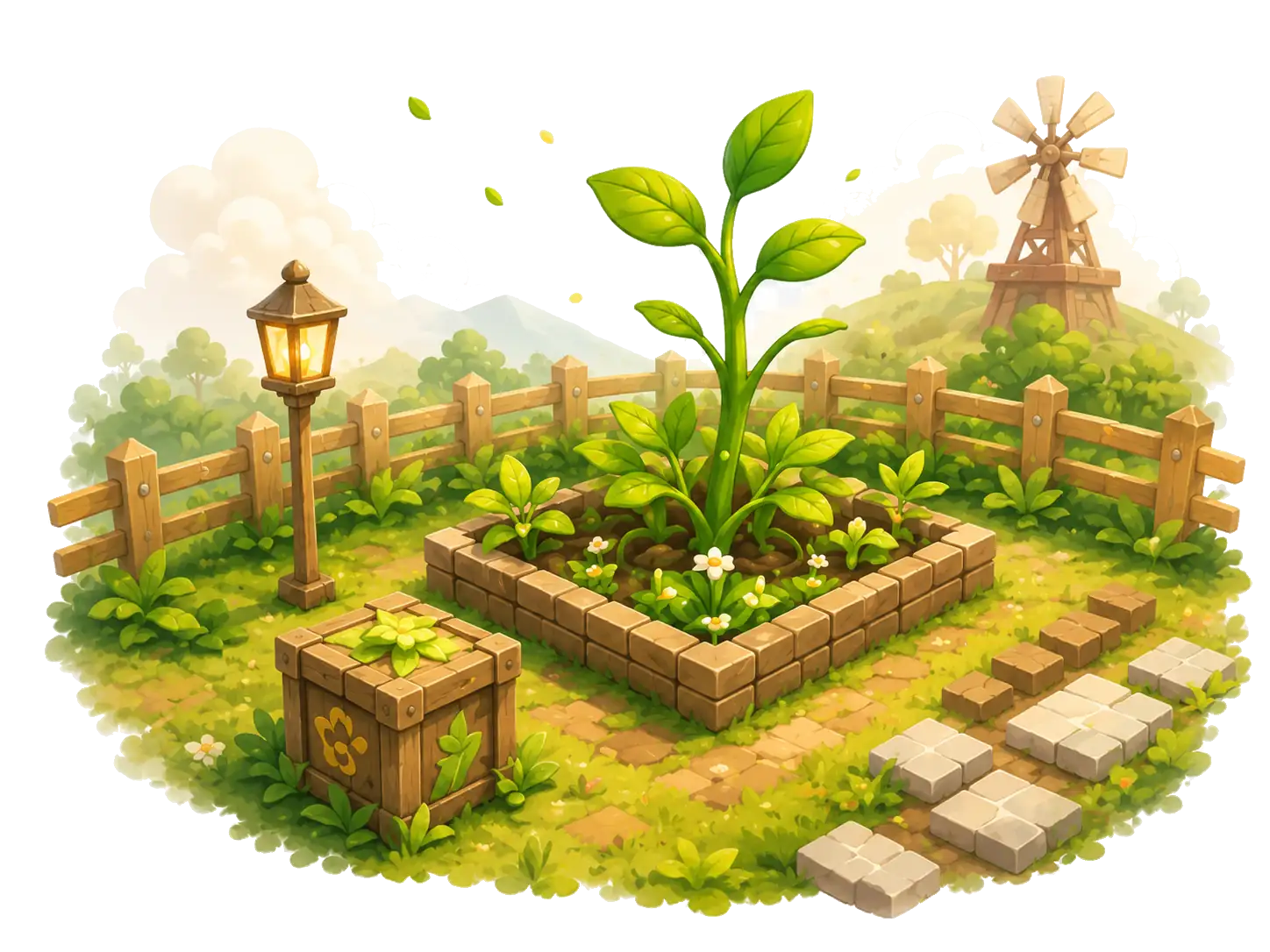 Illustrated garden with a sprout, wooden fence, lamp, windmill, and path